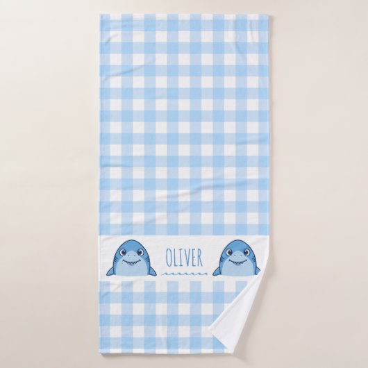 Niedlich Blue Baby Shark Gingham Name Birth Badehandtuch (Badehandtuch)