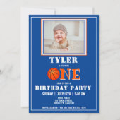 Niedlich Blue Basketball Foto 1. Geburtstag Einladung (Vorderseite)