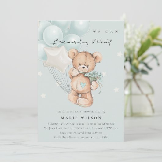 Niedlich Blue Bearly Wait Balloon Baby Dusche einl Dankeskarte (Stehend Vorderseite)