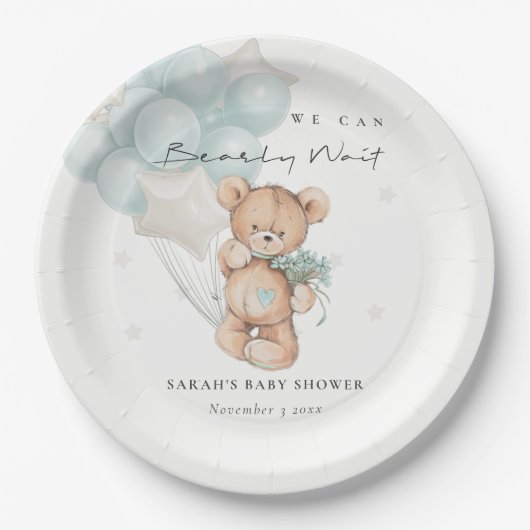 Niedlich Blue Bearly Wait Bear Balloon Baby Showdu Pappteller (Vorderseite)