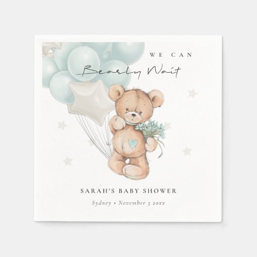 Niedlich Blue Bearly Wait Bear Balloon Baby Showdu Serviette (Vorderseite)