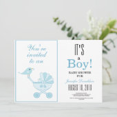 Niedlich Blue Bird Baby Carriage Zickzack Baby Sho Einladung (Stehend Vorderseite)