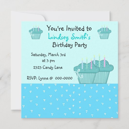 Niedlich Blue Birthday Cupcakes Einladung (Vorderseite)