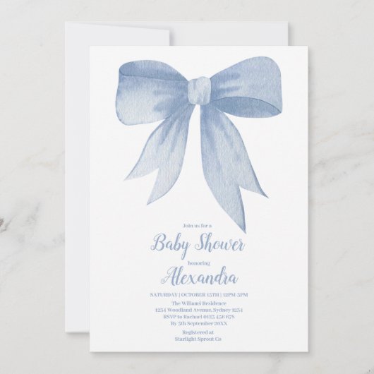Niedlich Blue Bow Ribbon Baby Boy Dusche Einladung (Vorderseite)