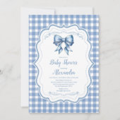 Niedlich Blue Bow Ribbon Gingham Baby Dusche Einladung (Vorderseite)