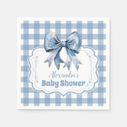 Niedlich Blue Bow Ribbon Gingham Baby Dusche Serviette (Vorderseite)
