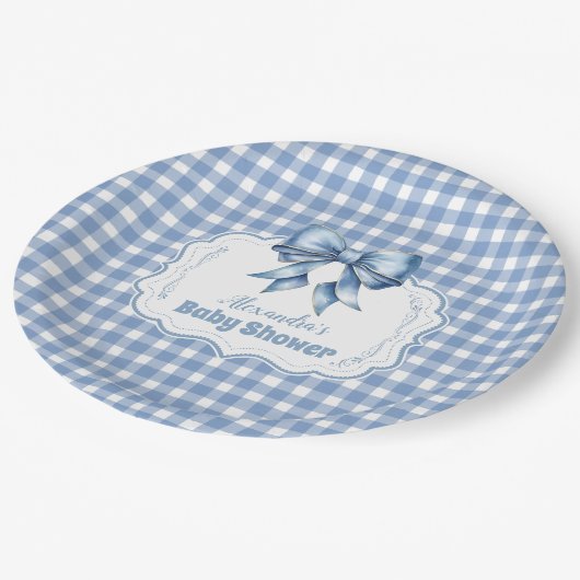 Niedlich Blue Bow Ribbon Gingham Pappteller (Schrägansicht)