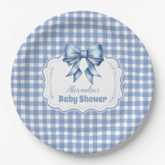 Niedlich Blue Bow Ribbon Gingham Pappteller (Vorderseite)