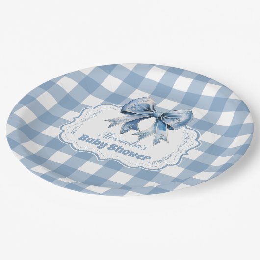 Niedlich Blue Bow Ribbon Gingham Pappteller (Schrägansicht)