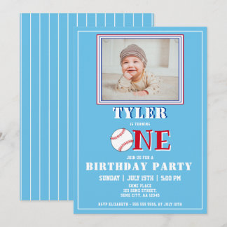 Niedlich Blue Boy Baseball Foto 1. Geburtstag Einladung