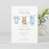 Niedlich Blue Boy Clothesline Baby Dusche Einladung (Stehend Vorderseite)