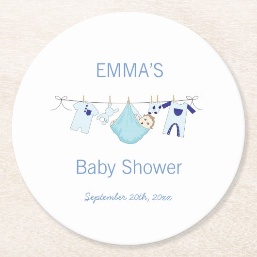 Niedlich Blue Boy Illustration Wäscheleine Wäsche Runder Pappuntersetzer (Vorderseite)