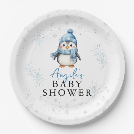 Niedlich Blue Boy Pinguin Winter Baby Dusche Pappteller (Vorderseite)