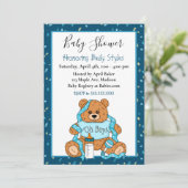 Niedlich Blue Boy's Teddy Bear Baby Shower Einladu Einladung (Stehend Vorderseite)