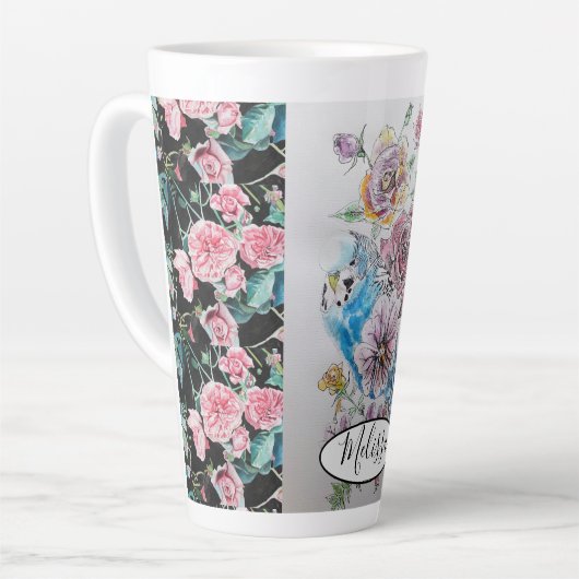 Niedlich Blue Budgie & Rose Bird Pink Wasserfarbe Milchtasse (Linke Ecke)
