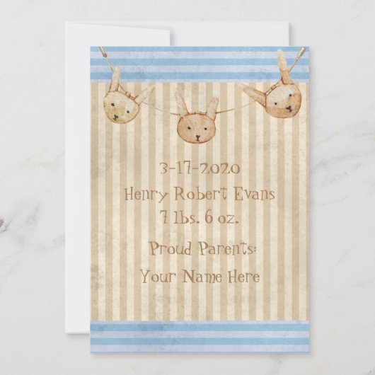 Niedlich Blue Bunny Baby Boy Birth Ankündigung (Rückseite)