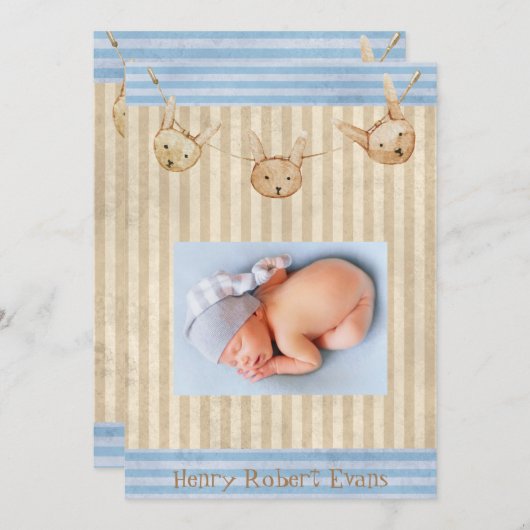 Niedlich Blue Bunny Baby Boy Birth Ankündigung (Vorne/Hinten)