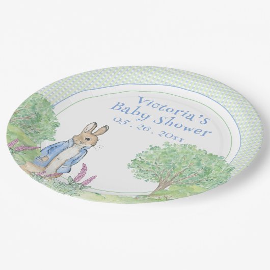 Niedlich Blue Bunny Rabbit Gingham Baby Dusche Pappteller (Schrägansicht)