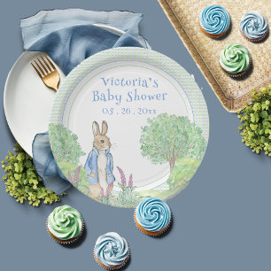 Niedlich Blue Bunny Rabbit Gingham Baby Dusche Pappteller