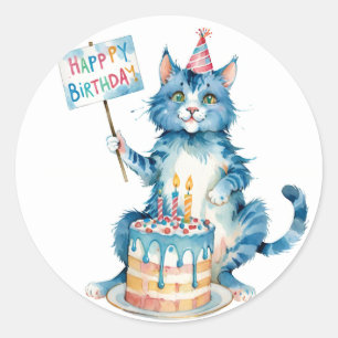 Niedlich Blue Cat Birthday Cake - Geburtstag Runder Aufkleber