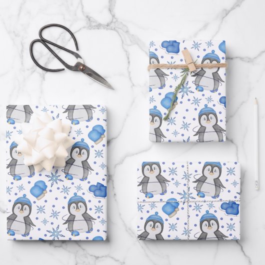 Niedlich Blue Christmas Ice Skaten Penguin Geschenkpapier Set (Vorderseite)