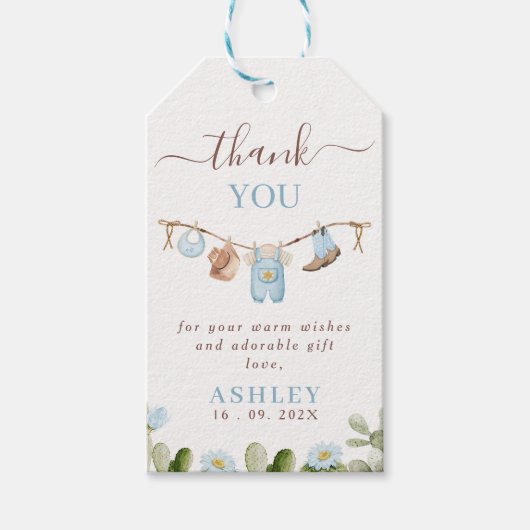 Niedlich Blue Clothesline Cactus Cowboy Baby Showe Geschenkanhänger (Vorderseite)