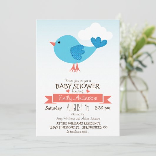 Niedlich Blue & Coral Bird Baby Dusche oder Sprink Einladung (Stehend Vorderseite)