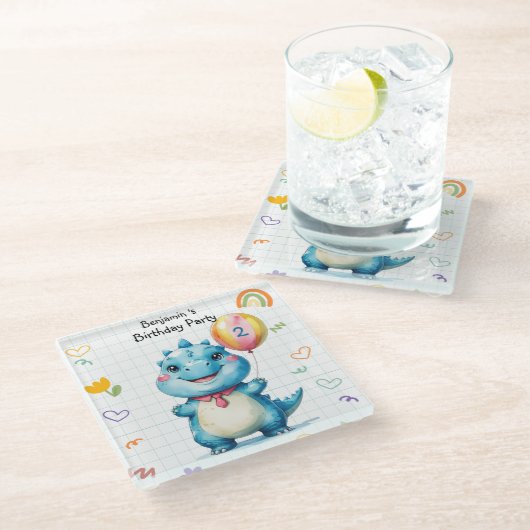 Niedlich Blue Dinosaur Balloon Geburtstagsparty Glasuntersetzer (Schrägansicht)