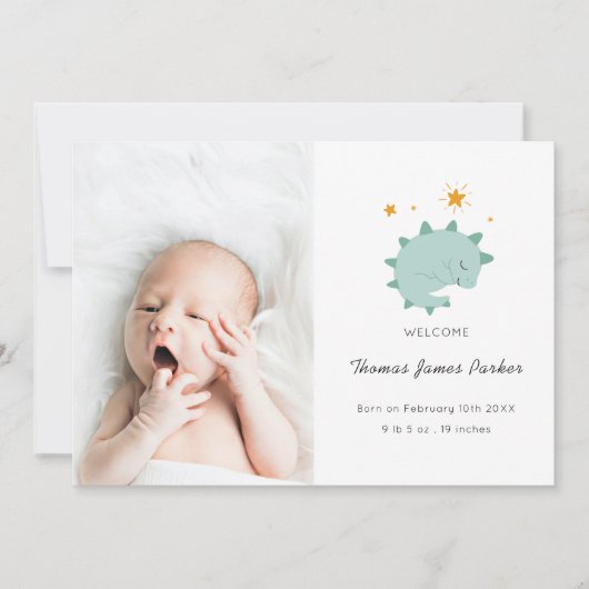 Niedlich Blue Dinosaur Boy Baby Foto Birth Ankündigung (Vorderseite)