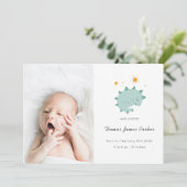 Niedlich Blue Dinosaur Boy Baby Foto Birth Ankündigung (Stehend Vorderseite)