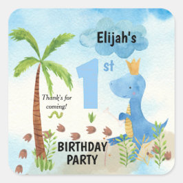 Niedlich Blue Dinosaur Palm Tree 1. Geburtstag Pla Quadratischer Aufkleber