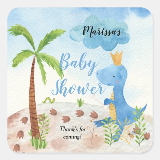 Niedlich Blue Dinosaur Palm Tree Boy Baby Dusche Quadratischer Aufkleber (Vorderseite)