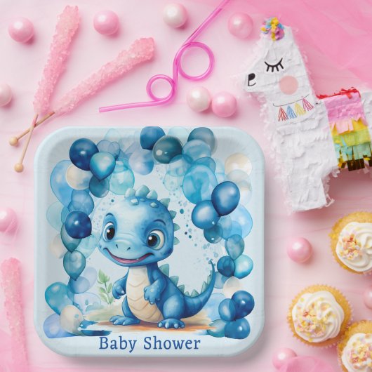 Niedlich Blue Dinosaurier Balloons Boy Baby Dusche Pappteller (Party)