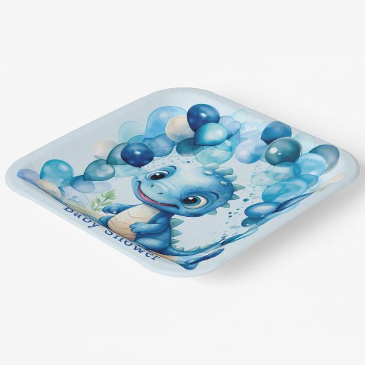 Niedlich Blue Dinosaurier Balloons Boy Baby Dusche Pappteller (Gewinkelt)