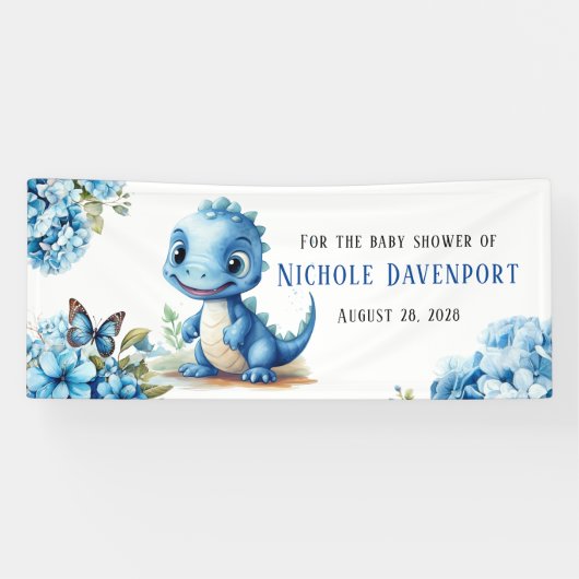 Niedlich Blue Dinosaurier mit Florals Boy Baby Dus Banner (Horizontal)