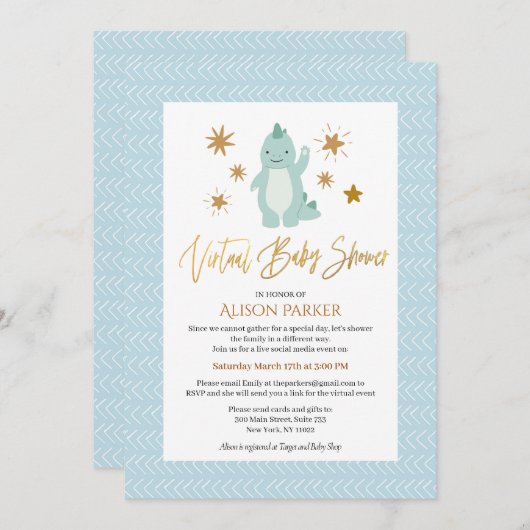 Niedlich Blue Dinosaurier mit Stars Virtual Baby D Einladung (Vorne/Hinten)