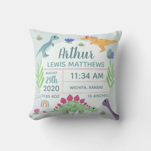 Niedlich Blue Dinosaurier Name Baby Boy Birth Stat Kissen (Vorderseite)