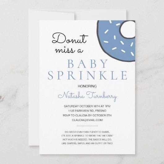 Niedlich Blue Donut Baby Sprinkle Boy Baby Dusche Einladung (Vorderseite)