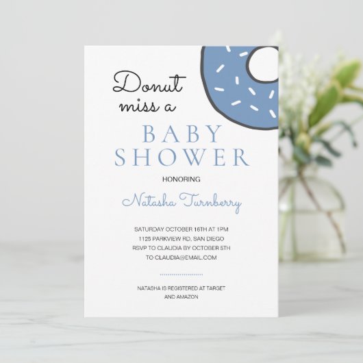 Niedlich Blue Donut Miss eine Babydusche Einladung (Stehend Vorderseite)