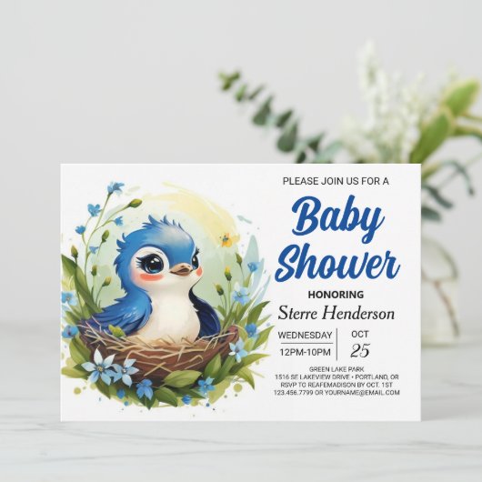 Niedlich Blue Elegant Bird Boy Baby Shower Einladung (Stehend Vorderseite)