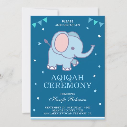 Niedlich Blue Elephant Baby Boy Aqiqah Einladung (Vorderseite)