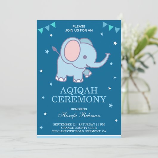 Niedlich Blue Elephant Baby Boy Aqiqah Einladung (Stehend Vorderseite)