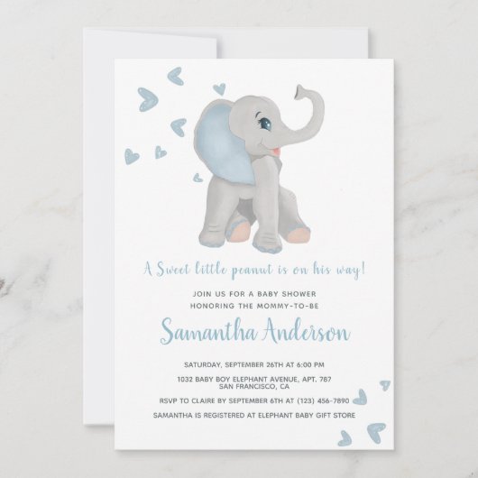 Niedlich Blue Elephant Baby Dusche Wasserfarbe Einladung (Vorderseite)