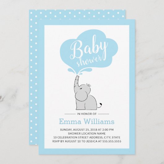 Niedlich Blue Elephant Baby Shower Einladung für J (Vorne/Hinten)