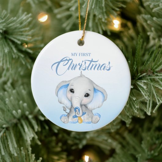 Niedlich Blue Elephant Baby's First Christmas Keramik Ornament (Baum)
