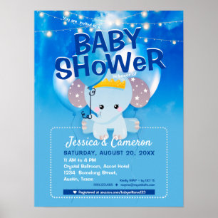 Niedlich Blue Elephant & Balloons Baby Party Flyer Poster
