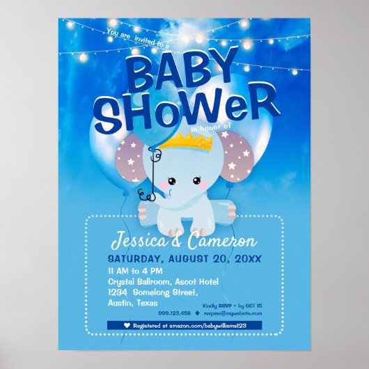 Niedlich Blue Elephant & Balloons Baby Party Flyer Poster (Vorne)