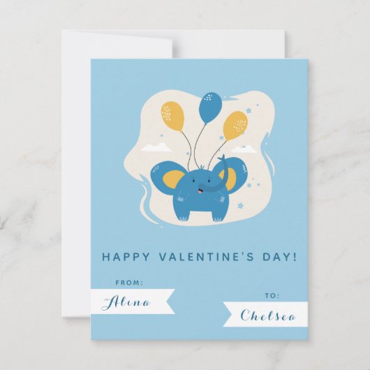 Niedlich Blue Elephant & Balloons Kinder Valentins Mitteilungskarte (Vorderseite)