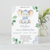Niedlich Blue Elephant Boys Baby Dusche Einladung (Stehend Vorderseite)