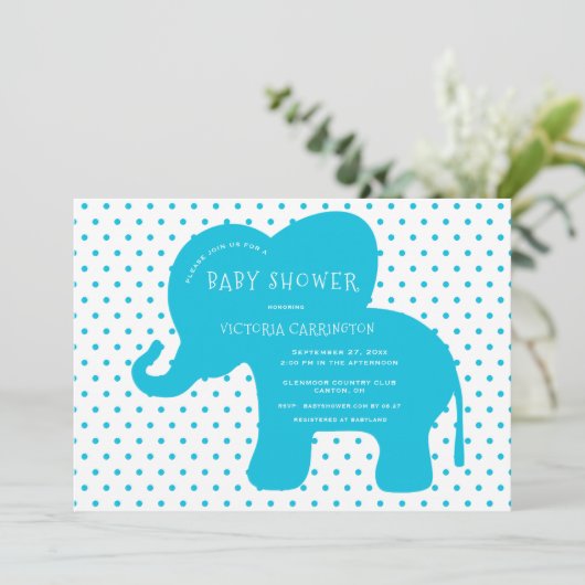Niedlich Blue Elephant Punkte Babydusche Einladung (Stehend Vorderseite)